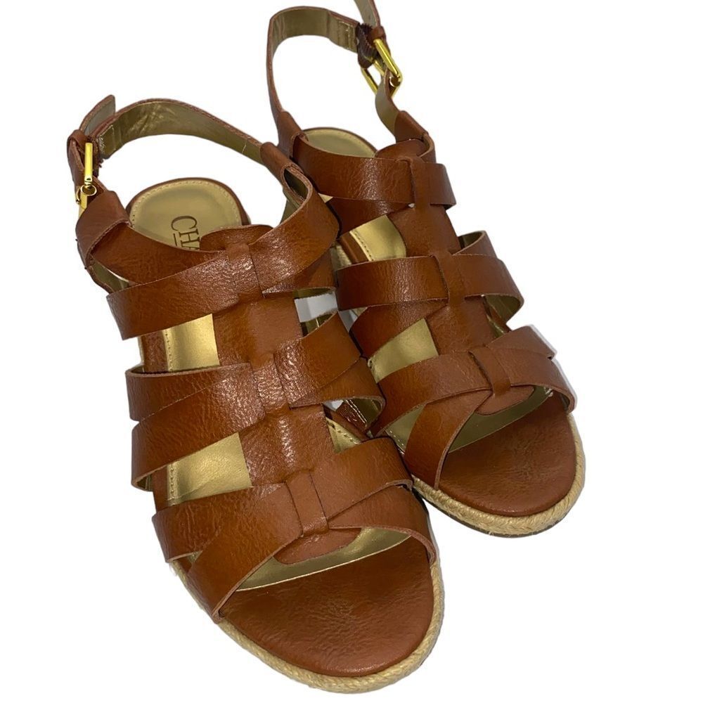 Chaps Dallyn Sz 7.5 Brown Faux Leather Open Toe Ankle Strap Wedge Sandals Shoes
